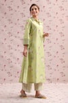 Label Niti Bothra_Green Silk, Chanderi Embroidery, Fringe Collared Noor Printed Kurta Set _Online_at_Aza_Fashions