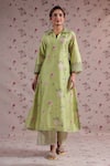 Shop_Label Niti Bothra_Green Silk, Chanderi Embroidery, Fringe Collared Noor Printed Kurta Set _Online_at_Aza_Fashions