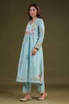 Label Niti Bothra_Blue Silk, Chanderi Embroidery V-neck Printed Kurta Set _Online_at_Aza_Fashions