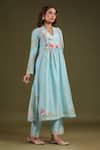 Buy_Label Niti Bothra_Blue Silk, Chanderi Embroidery V-neck Printed Kurta Set _Online_at_Aza_Fashions