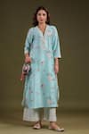 Buy_Label Niti Bothra_Blue Silk, Chanderi Embroidery V-neck Noor Long Zipper Kurta Set _Online_at_Aza_Fashions