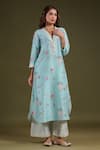 Buy_Label Niti Bothra_Blue Silk, Chanderi Embroidery V-neck Noor Long Zipper Kurta Set _at_Aza_Fashions