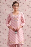 Shop_Label Niti Bothra_Pink Silk, Chanderi Embroidery Round Neck Noor Striped Straight Kurta Set _Online_at_Aza_Fashions