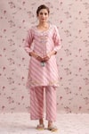 Buy_Label Niti Bothra_Pink Silk, Chanderi Embroidery Round Neck Noor Striped Straight Kurta Set _at_Aza_Fashions
