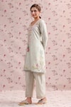 Label Niti Bothra_Green Silk, Chanderi Embroidery, Tassels Round Neck Noor Striped Kurta Set _Online_at_Aza_Fashions