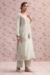 Label Niti Bothra_Green Silk, Chanderi Tassels, Embroidery Round Neck Noor Striped Long Kurta Set _Online_at_Aza_Fashions