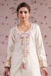 Label Niti Bothra_Ivory Silk, Chanderi Tassels Round Neck Printed Straight Kurta Set _Online_at_Aza_Fashions
