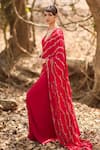 Nirmooha_Red Crepe Embroidery V-neck Hand Pre-draped Saree With Blouse _Online_at_Aza_Fashions