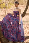Nirmooha_Blue Chiffon Embroidery Indigo Katha Lehenga Set _Online_at_Aza_Fashions