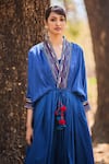 Nirmooha_Blue Silk Tassels V-neck Floral Hand Embroidered Kaftan _Online_at_Aza_Fashions