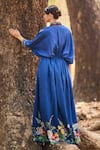 Shop_Nirmooha_Blue Silk Tassels V-neck Floral Hand Embroidered Kaftan _at_Aza_Fashions