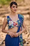 Nirmooha_Blue Chiffon Embroidery V-neck Floral Printed Saree Set _Online_at_Aza_Fashions