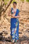 Buy_Nirmooha_Blue Chiffon Embroidery V-neck Floral Printed Saree Set _at_Aza_Fashions