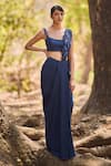 Buy_Nirmooha_Blue Denim Embroidery Round Neck Mirage Pre-draped Saree With Blouse _at_Aza_Fashions