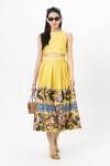 Buy_Sobariko_Yellow Linen Open Neck Floral Print Skirt Set _at_Aza_Fashions