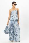 Buy_SOBARIKO_Blue Linen Bandeau Neck Floral Print Strapless Co-ord Set _at_Aza_Fashions