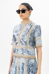 Shop_SOBARIKO_Blue Linen Embroidery High Neck Bianca Floral Print Skirt Set _Online_at_Aza_Fashions