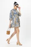 Sobariko_Blue Linen Mandarin Collar Tany Cinched Dress _Online_at_Aza_Fashions