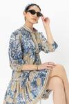 Sobariko_Blue Linen Mandarin Collar Tany Cinched Dress _at_Aza_Fashions