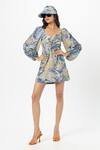 Buy_Sobariko_Blue Linen Sweetheart Neck Tany Twist Dress _at_Aza_Fashions