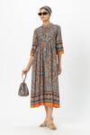 Sobariko_Multi Color Linen Round Neck Koishi Pleated Midi Dress _Online_at_Aza_Fashions