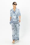 Sobariko_Blue Linen Embroidery Biance Floral Print Blazer Set _Online_at_Aza_Fashions