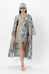 Buy_Sobariko_Beige Linen V-, Open Floral Print Trench Dress Set _at_Aza_Fashions