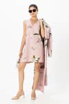 Sobariko_Pink Linen Embroidery V-neck, Collared Jasmine Trench Dress Set _at_Aza_Fashions