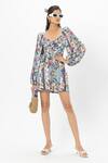 Buy_Sobariko_Blue Linen Embroidery Sweetheart Neck Chloe Twist Floral Dress _at_Aza_Fashions