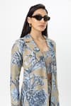 Sobariko_Beige Linen Open , Scoop Floral Print Trench Pant Set _at_Aza_Fashions