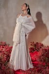 Shop_Tarini Vij_White Georgette Beads, Pearls, Sequins, Embroidery Round Neck Lehenga Set 
