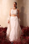 Buy_Tarini Vij_White Georgette Beads, Pearls, Sequins, Embroidery Round Neck Lehenga Set _at_Aza_Fashions