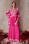 Buy_Tarini Vij_Pink Satin, Crepe Sequins, Embroidery Square , Open Gharara Set _at_Aza_Fashions