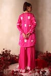 Shop_Tarini Vij_Pink Satin, Crepe Sequins, Embroidery Square , Open Gharara Set _at_Aza_Fashions