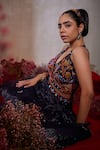 Buy_Tarini Vij_Blue Chiffon Beads, Sequins, Mirrors V-neck Midnight Embroidered Lehenga Set _Online_at_Aza_Fashions