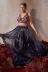 Shop_Tarini Vij_Blue Chiffon Beads, Sequins, Mirrors V-neck Midnight Embroidered Lehenga Set _at_Aza_Fashions