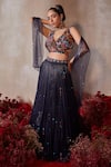 Buy_Tarini Vij_Blue Chiffon Beads, Sequins, Mirrors V-neck Midnight Embroidered Lehenga Set _at_Aza_Fashions