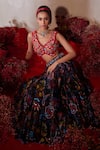 Buy_Tarini Vij_Blue Chiffon, Silk, Modal Mirrors, Beads, Sequins, Midnight Lehenga Set _Online_at_Aza_Fashions