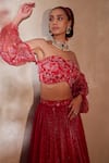 Tarini Vij_Red Chiffon Beads, Mirrors, Sequins, Embroidery Shimmer Fusion Lehenga Set _at_Aza_Fashions