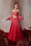 Buy_Tarini Vij_Red Chiffon Beads, Mirrors, Sequins, Embroidery Shimmer Fusion Lehenga Set _at_Aza_Fashions