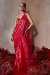 Buy_Tarini Vij_Red Chiffon Embroidery, Sequins, Mirrors, Beads Shimmer Pre-draped Saree Set _at_Aza_Fashions