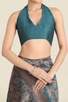 Samyukta Singhania_Teal Halter Neck Blue Banarasi Silk Saree Set _at_Aza_Fashions