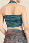 Shop_Samyukta Singhania_Teal Halter Neck Blue Banarasi Silk Saree Set _Online_at_Aza_Fashions