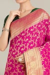 Shop_Samyukta Singhania_Rose Gold Tassels, Zari V-neck Rani Pink Banarasi Silk Saree Set _Online_at_Aza_Fashions