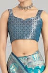 Shop_Samyukta Singhania_Turquoise Brocade, Silk Zari Square Neck Turquiose Blue Banarasi Saree And Blouse _Online_at_Aza_Fashions