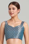 Shop_Samyukta Singhania_Turquoise Brocade, Silk Zari Square Neck Turquiose Blue Banarasi Saree And Blouse 