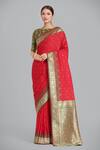 Buy_Samyukta Singhania_Red Brocade, Silk Embroidery Round Neck Banarasi Saree Set _at_Aza_Fashions