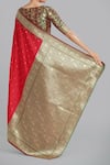 Shop_Samyukta Singhania_Red Brocade, Silk Embroidery Round Neck Banarasi Saree Set _at_Aza_Fashions