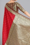 Shop_Samyukta Singhania_Red Brocade, Silk Embroidery Round Neck Banarasi Saree Set 