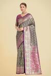 Buy_Samyukta Singhania_Olive Green Zari, Embroidery V-neck Banarasi Silk Saree Set _at_Aza_Fashions